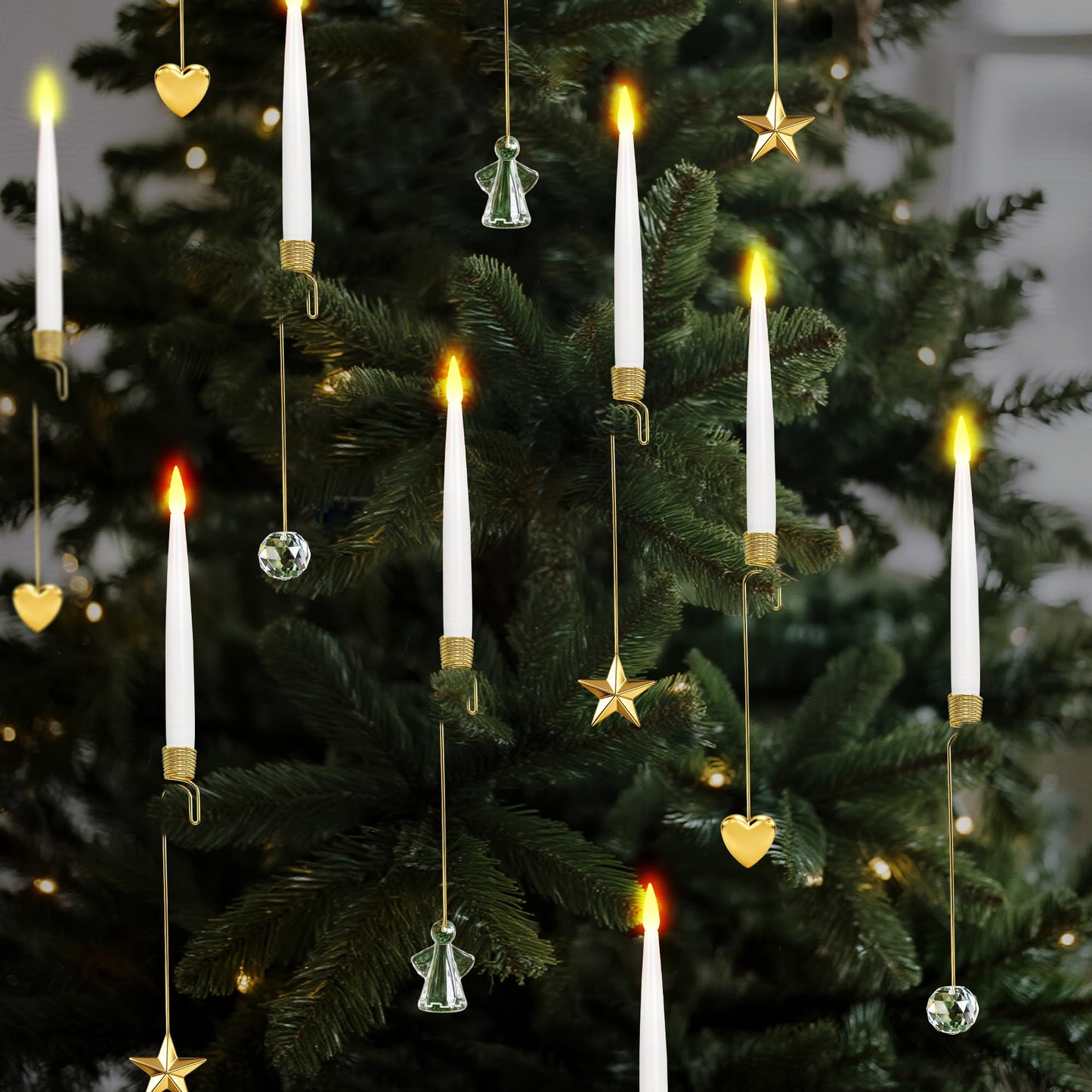 Christmas Tree Candles, 10 Pack Flameless Taper Candles for Christmas Tree Decor, Fake LED Candle Battery Operated with Remote for Xmas Wedding Home Gift with Gold Star Hook