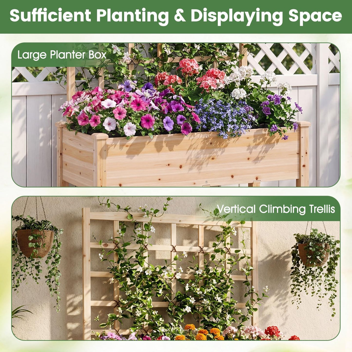 COSTWAY Wooden Raised Garden Bed with Trellis, Mobile Elevated Planter on Wheels, 285 lbs Capacity with Liner & Drainage Holes, Freestanding Outdoor Box for Climbing Plants, Vegetables, & Herbs