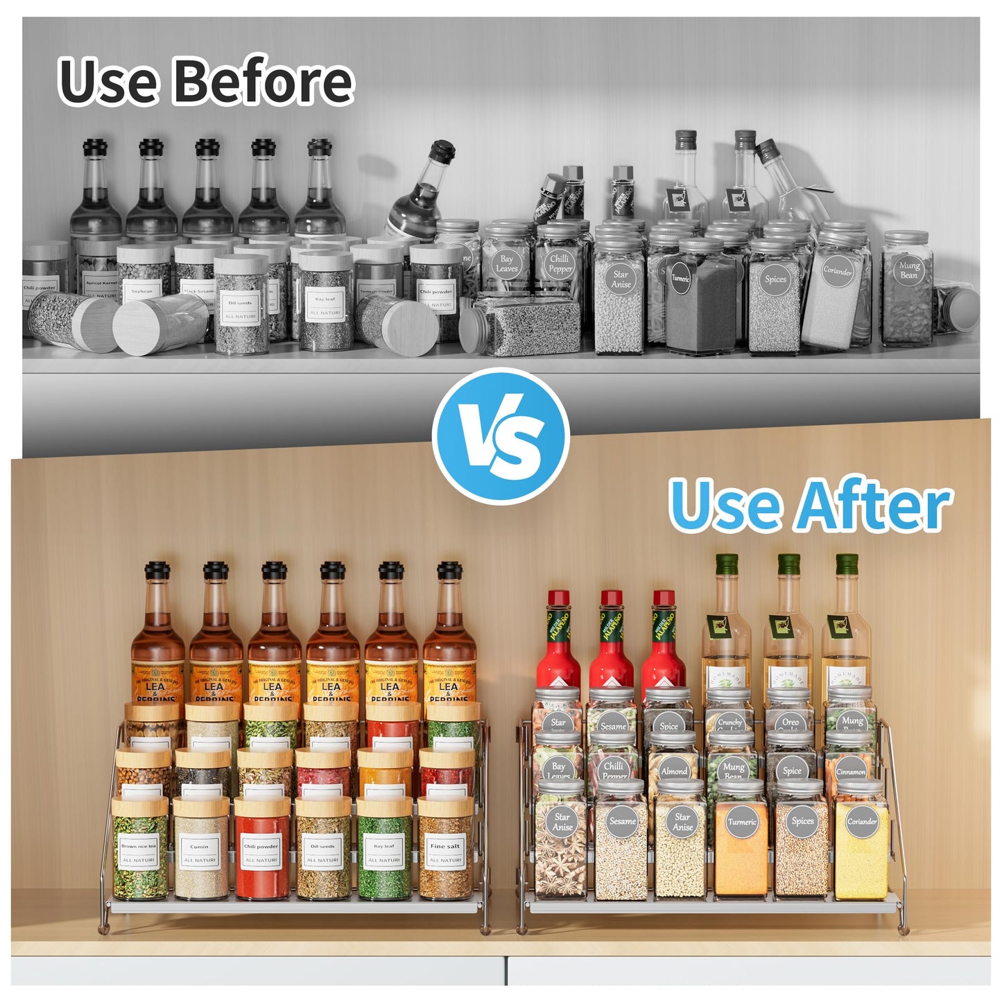 BOIVSHI Heavy Duty Spice Rack for Cabinet, Space Saving 4 Tier Spice Organization for Cabinet, Adjustable Depth Spice Shelf for Cabinet, Counter, Pantry - Chrome, 2 Pack