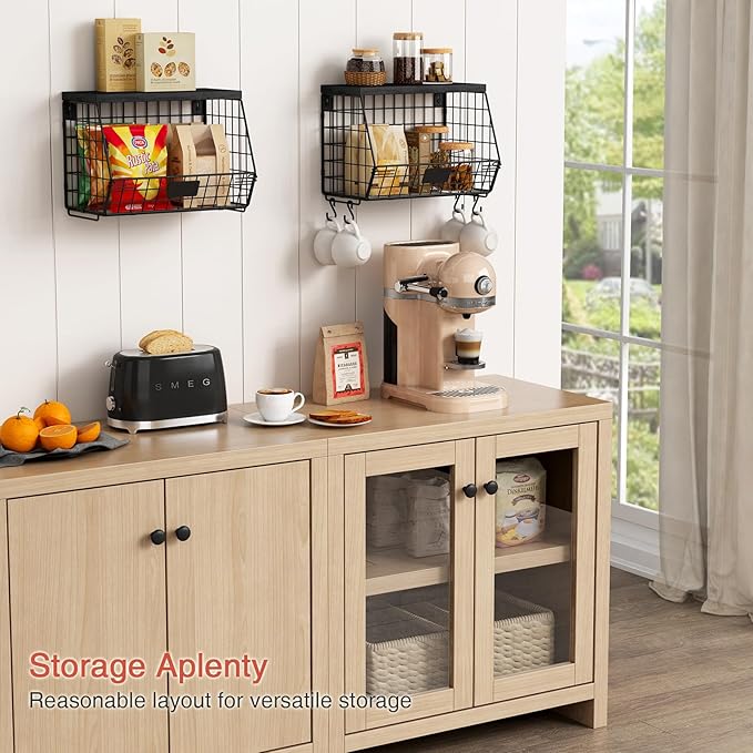 Black Kitchen Wall Hanging Storage Basket Set of 2, Rustic Stackable Kitchen