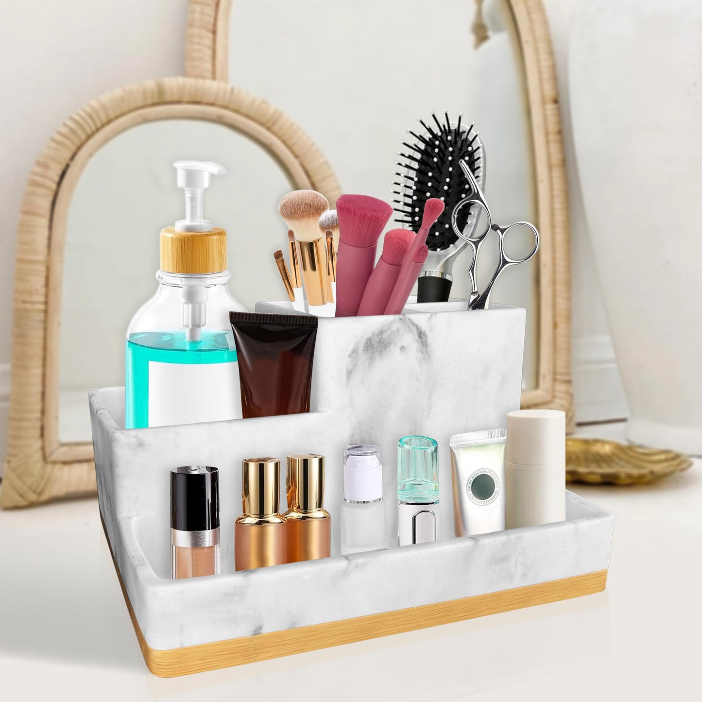 Bathroom Countertop Organizer with Tray, Large Size Toothbrush Holder Organizer, Vanity Storage for Bathroom, 5 Different Size Compartment, Resin in White Marble Bamboo Bottom