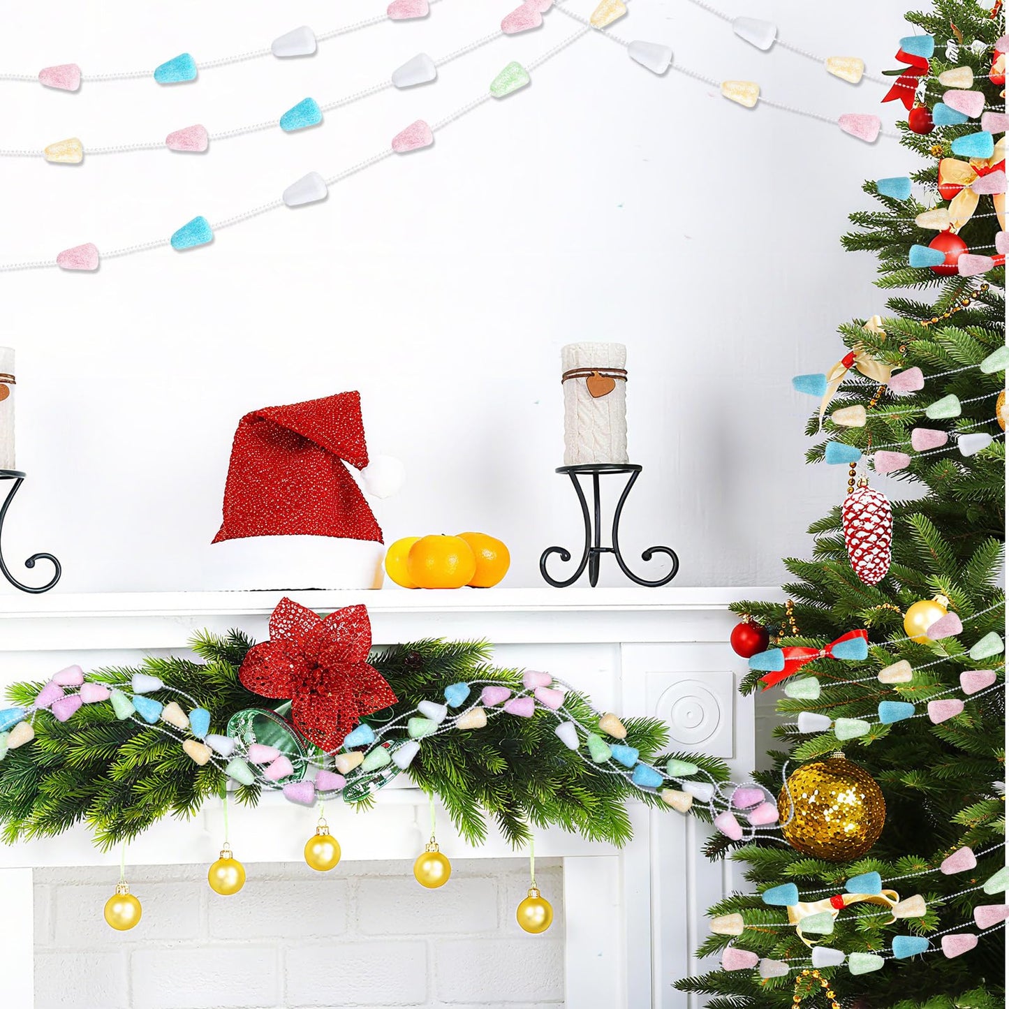 Jetec 16 ft Pastel Candy Garland for Christmas Tree Pink White Blue Green Yellow Candyland Christmas Beaded Ornament for Xmas Tree Fireplace Wreath Retro Party Decorations