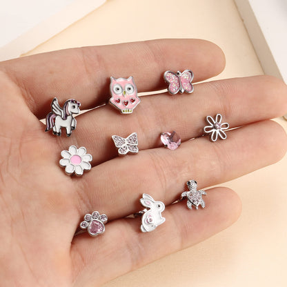 LOLIAS 10 Pairs Cute Screw Back Earrings for Women Girls Stainless Steel Multicolored Heart Flower Butterfly Rainbow CZ Stud Earrings Hypoallergenic Screwback Stud Earring