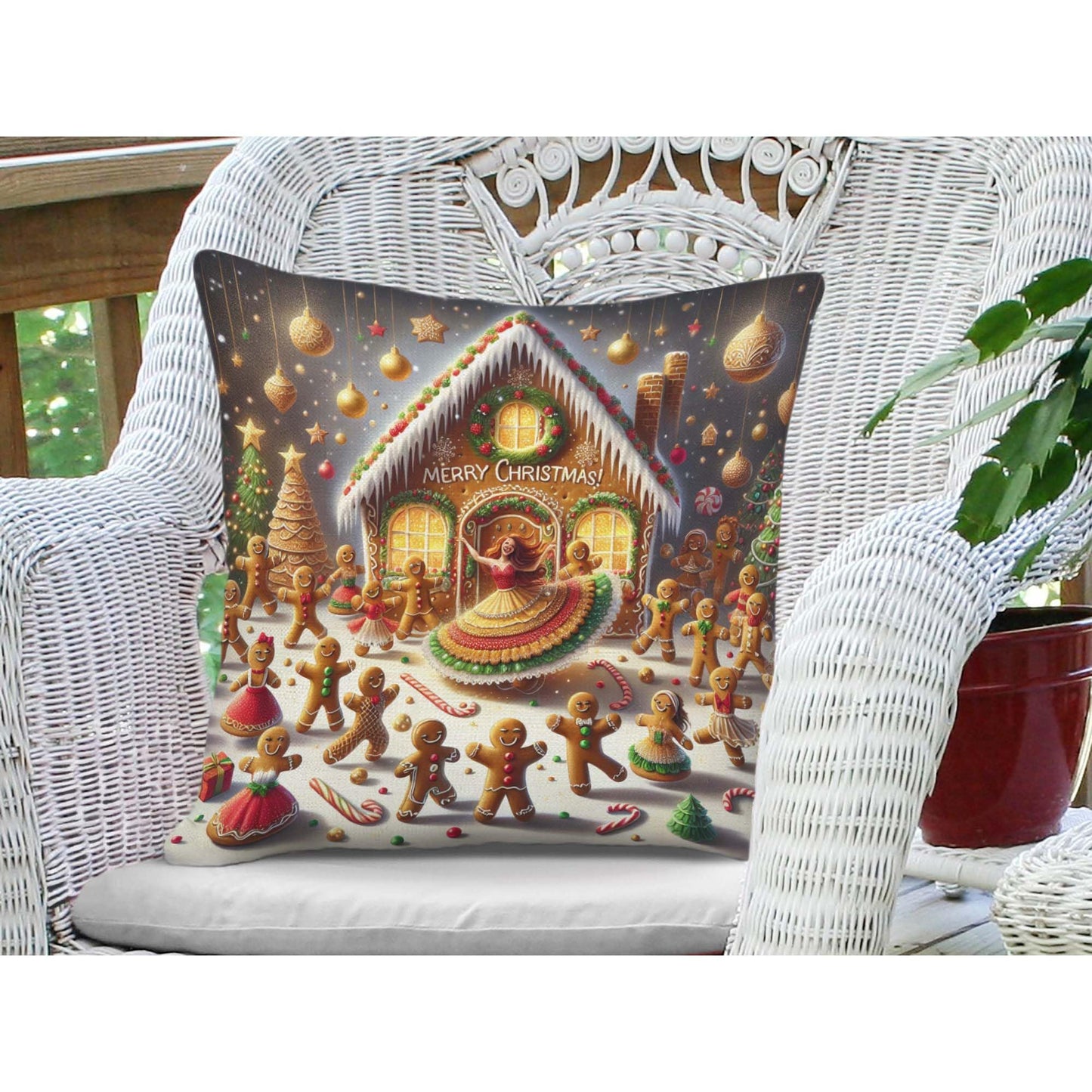 Jiaopenyou Throw Pillow Cover 20x20 Inch,Gingerbread Men in Gingerbread House Dancing with The Words Merry Christmas Throw Pillow Case,Home Decor Cushion Covers for Sofa Living Room Couch Bed