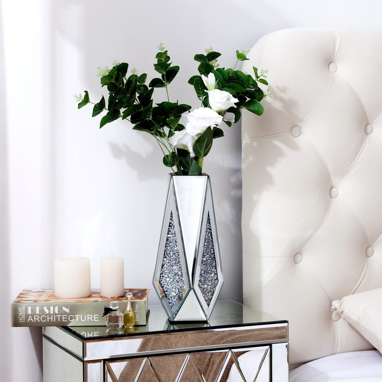 SHYFOY Crushed Diamond Flower Mirror Vase Silver Crystal Glass Vase Mirrored Decorative Flower Vases for Living Room Home Decor, 12" H, Can’t Hold Water