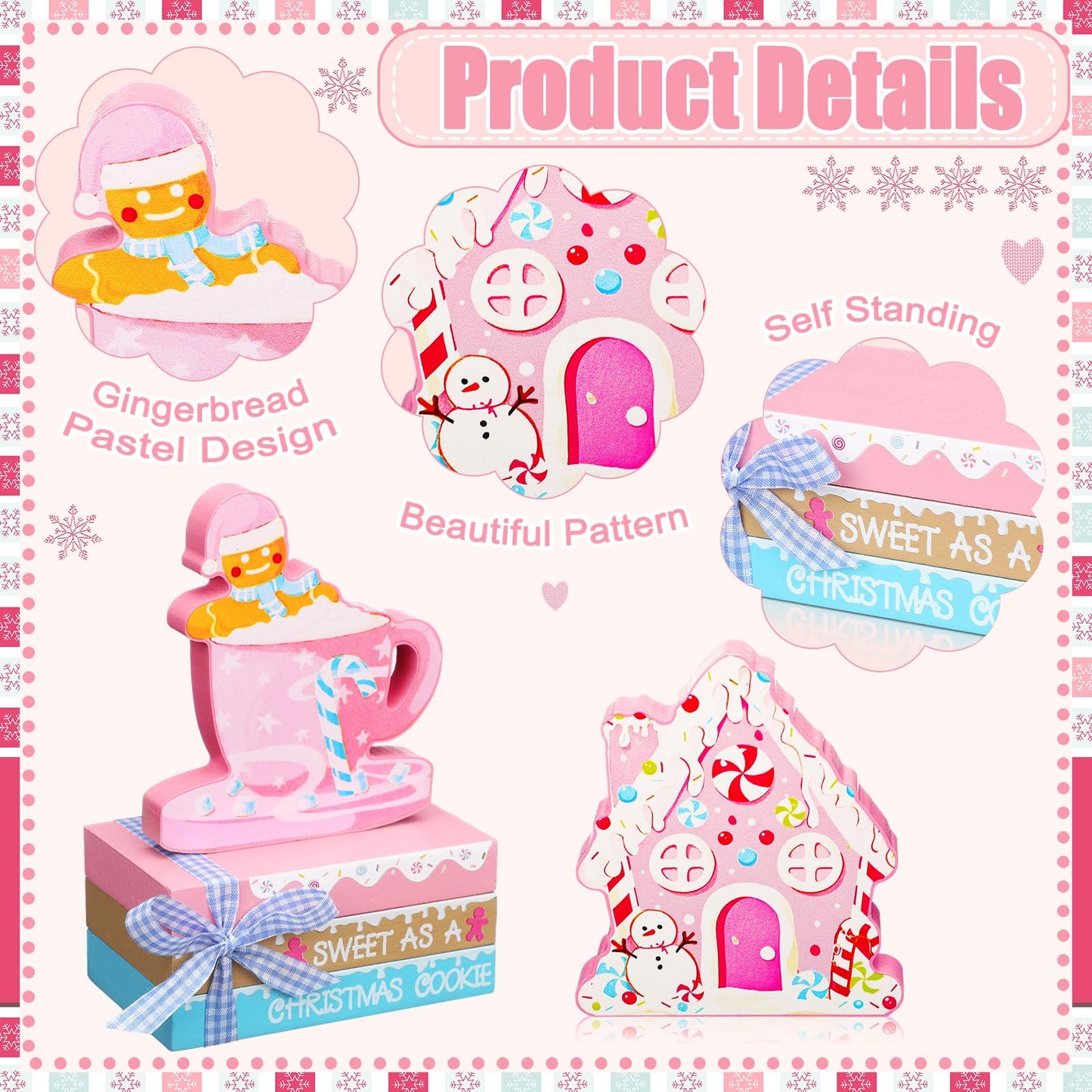 Yalikop 5 Pcs Pink Christmas Table Decor Pastel Gingerbread Man House Sign Gingerbread Tiered Tray Decor Christmas Wood Tabletop Centerpieces for Winter Xmas Home Office Mantel Shelf Fireplace
