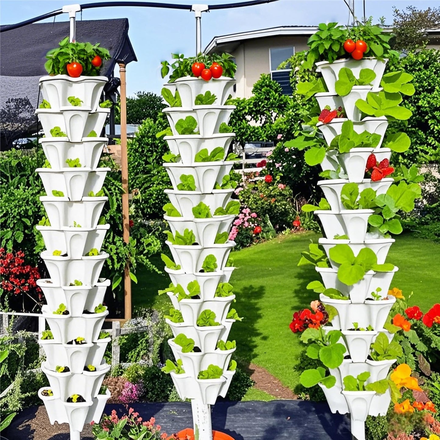 Lykvrii 7 Tiered Strawberry Planters 2 Pack, Vertical Stackable Planter, Herb Stacking Tower Garden, Flower and Vegetable Planters with Support Pole Indoor & Outdoor with Removable Wheels - White