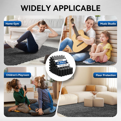 20 Pcs Interlocking Sound Absorbing Floor Mats, 11" x 11" x 0.4" High Density Anti Vibration Noise Reduction Pads, Non-Slip Felt Puzzle Mats for Drum, Piano, Music Studio, Home Gym