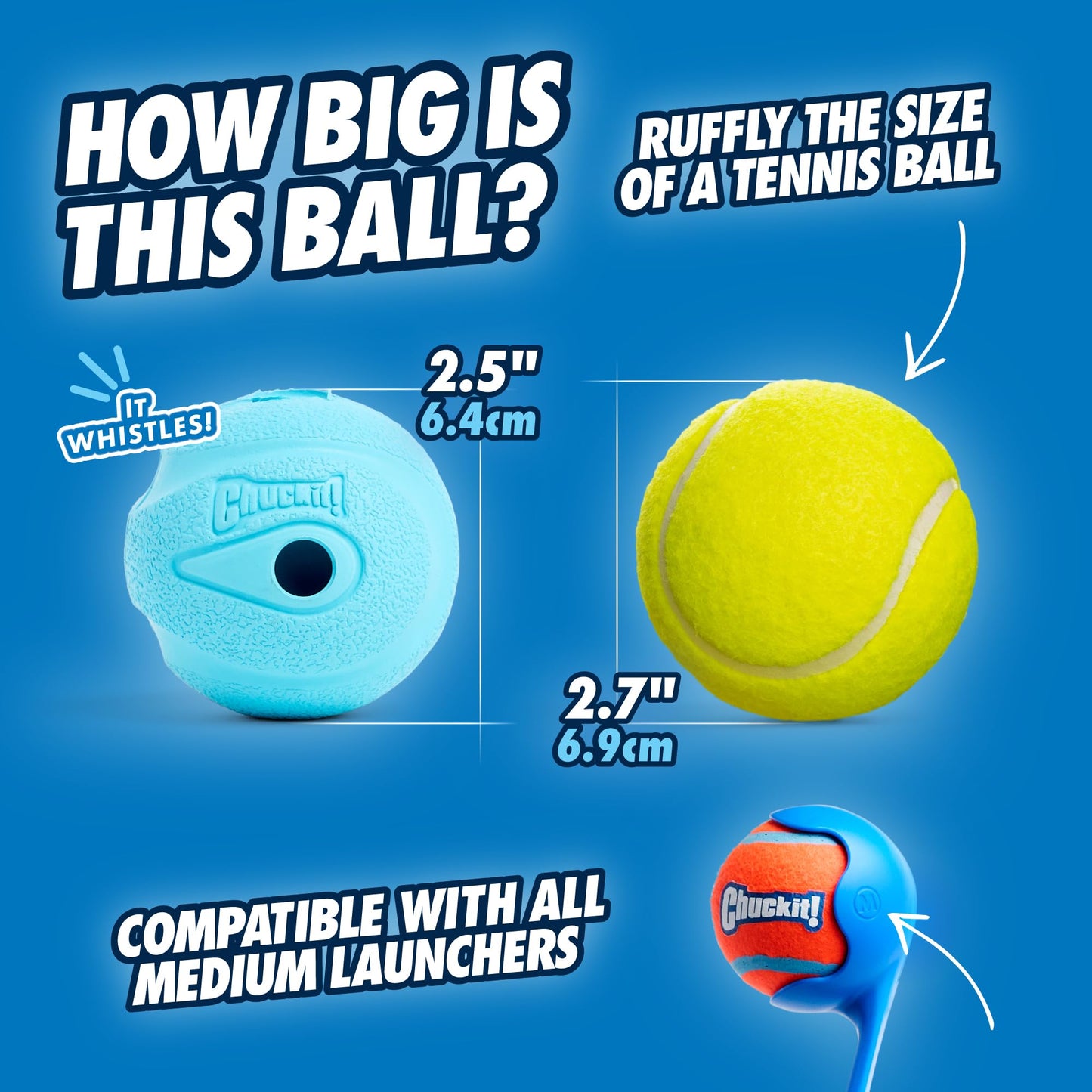 Chuckit! Interactive Ball Dog Toy Whistler Noise, Durable Rubber Dog Balls, Launcher Thrower Compatible Interactive Toys for Dogs for Boredom, Medium, Pack of 2