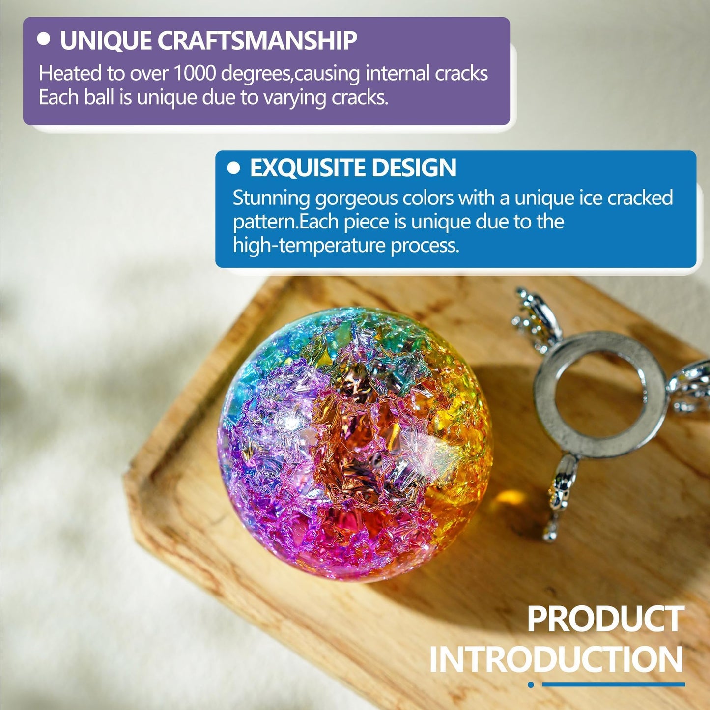 ZEERSHEE Colorful Ice Cracked Crystal Ball with Stand, 2.3" Glass Decor