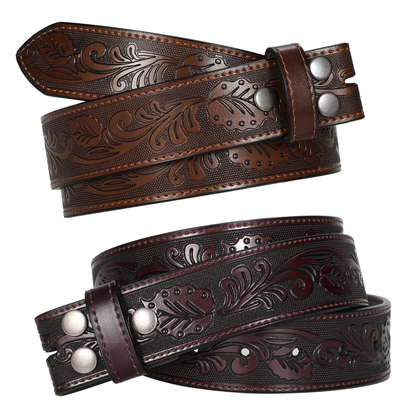 SANSTHS 2 Pack Western Belts for Men without Buckle, Cowboy Belt for Buckle Western Leather Belt Straps for Jeans, Coffee & Brown