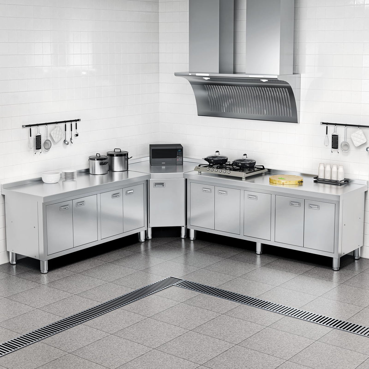 WWK 59" x 21" Stainless Steel Prep Table with Cabinet, Commercial Kitchen Table for Prep & Work, Heavy Duty Work Table with 4 Doors for Kitchen, Restaurant, Hotel, Garage and Cafe