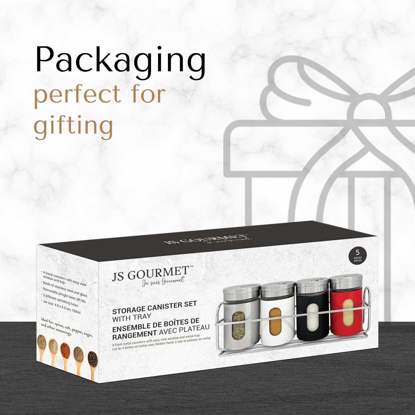JS Gourmet 4 Pcs Stainless Steel Spice Seasoning Container Jars with Storage Rack, Perfect for Storing Spices, Salt, Pepper, Sugar and Dry Ingredients