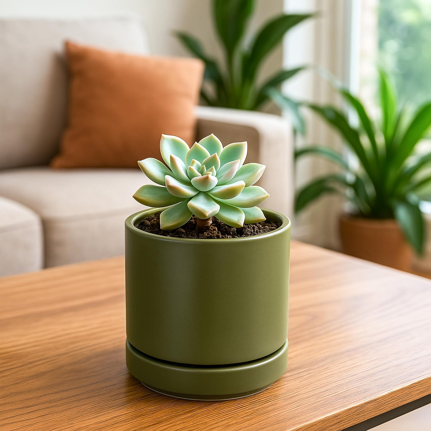 D'vine Dev Set of 4 Small Ceramic Plant Pots, 4.7 Inch Succulent Planter Pot for Plants with Drainage Hole and Saucer, Olive, 94-X-B-0