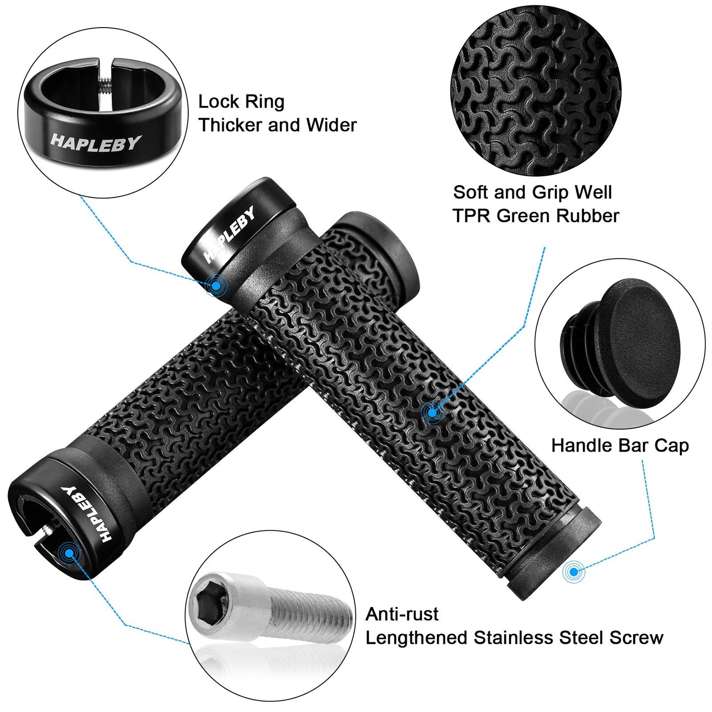 Hapleby Premium Bike Handlebar Grips, Single Lock-on Professional Mountain Bicycle Handlebar Locking Grips with Anti-Slip, 2PCS Screw and 2PCS Allen Wrench for Free