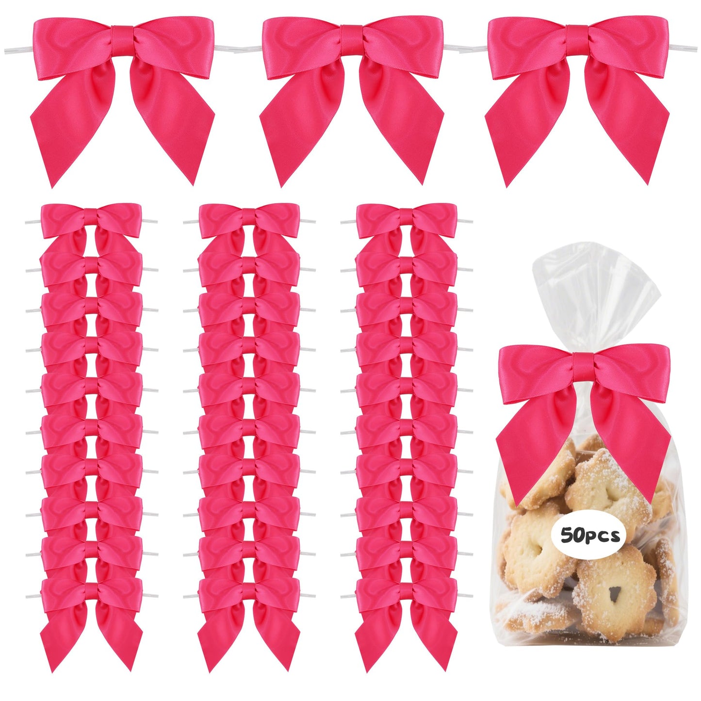 TONIFUL 50pcs Hotpink Satin Ribbon Bows, 4.5" Twist Tie Bows for Gift Wrapping Treat Bags Cakes Crafts Bottles Christmas Tree Wedding Baby Shower Birthday Party Decor