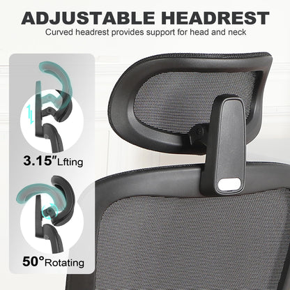 Ergonomic Office Chair with Footrest, Mesh Desk Chair with Adjustable Headrest & Armrests & Dynamic Floating Wing Lumbar Support, High Back Computer Chair for Home Office, BIFMA Certified, Black