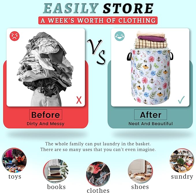 Cute Bee Floral Flowers Laundry Basket Foldable