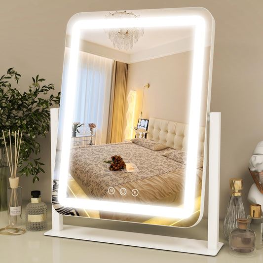 8x10 Inch Lighted Vanity Mirror, 3-Color Dimmable LED Lighting & Touch Control, Portable Makeup Mirror with U-Bracket for Travel/Dressing Room (White)