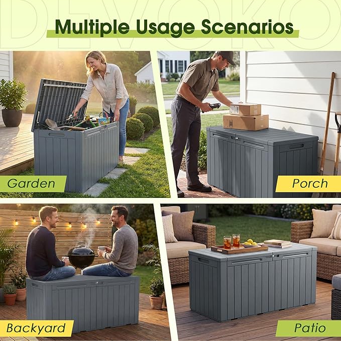 Devoko 100 Gallon Outdoor Storage Box, Waterproof Resin Deck Box for Patio Furniture, Lockable Container for Garden Cushions & Pool Supplies (Gray, 100 Gallon)