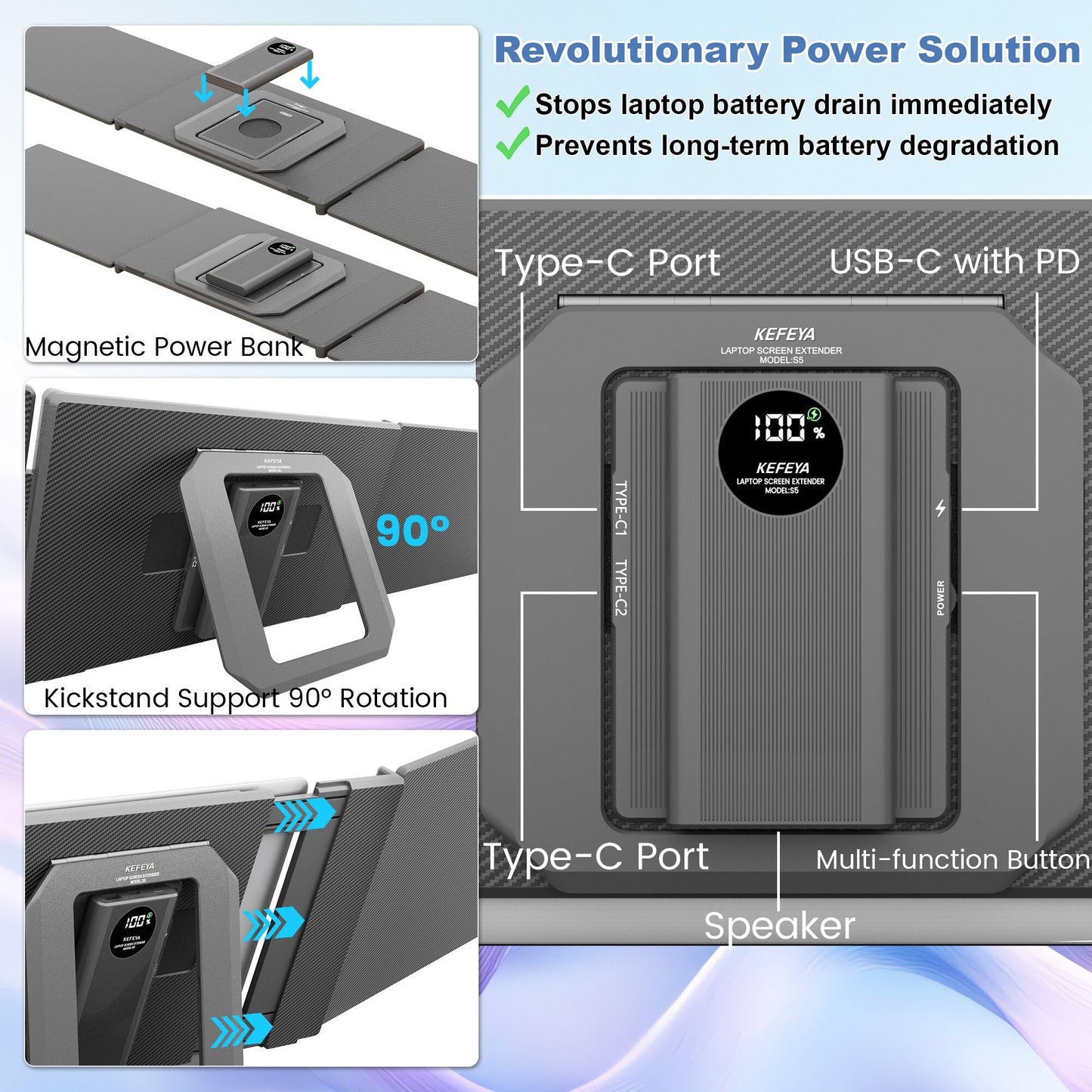 KEFEYA 15.6" Laptop Screen Extender, Includes Power Bank, FHD 1080P IPS Triple Laptop Monitor Extender for 13-17" Laptops, Plug & Play with HDMI/USB-A/TYPE-C/Hub, Compatible with Windows, Mac, Android