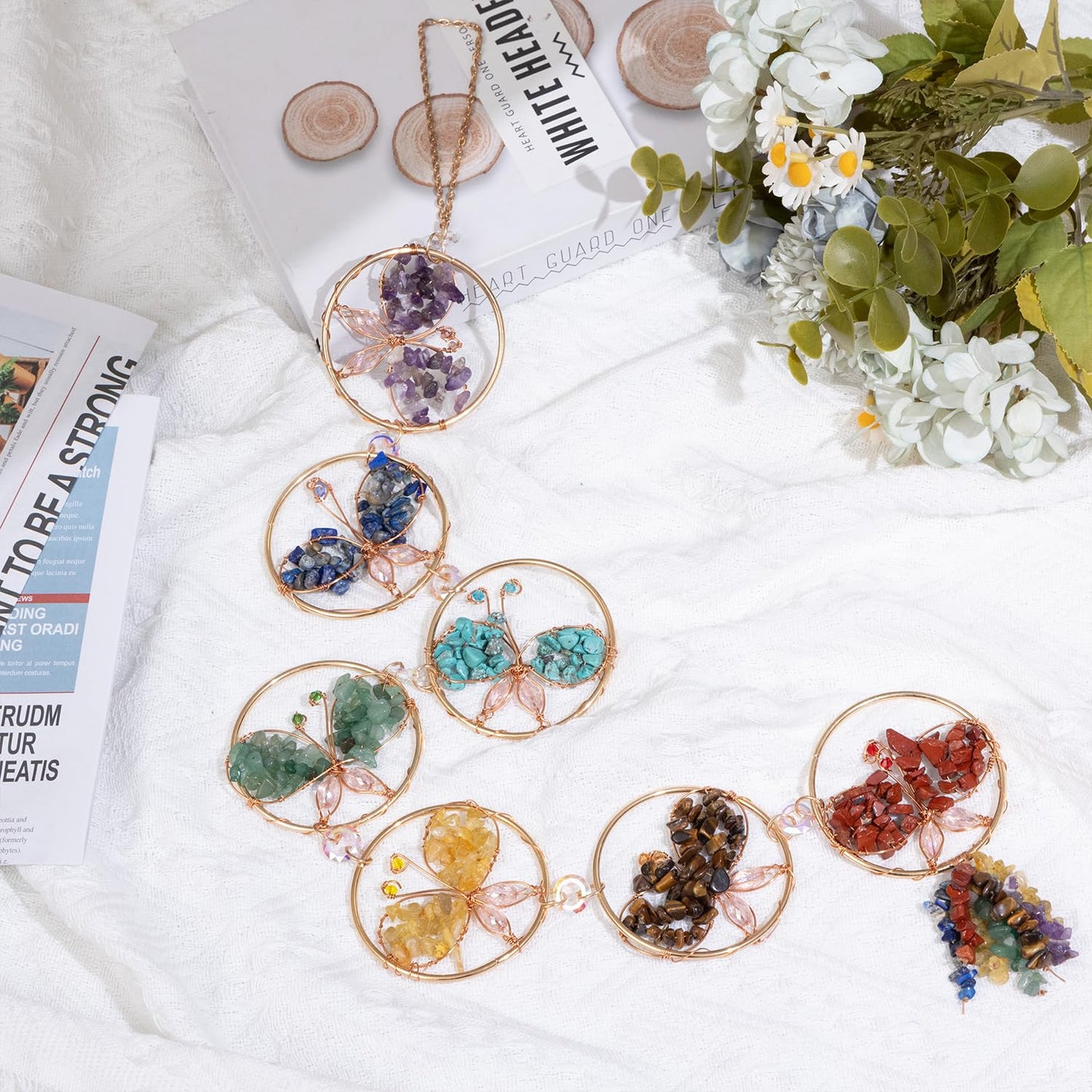 7 Chakra Healing Crystals Hanging Ornament，Handmade Butterfly Natrual Chakra Stones Gemstones Wall Hanging Ornaments for Home Decor Yoga Meditation(7 Chakra Butterfly)