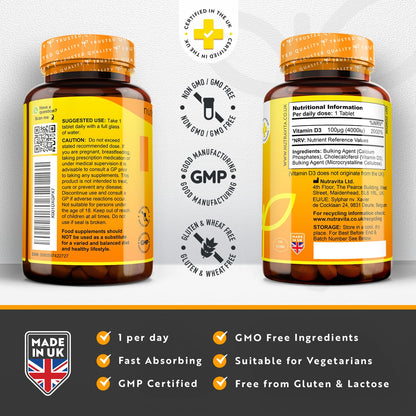 Vitamin D 4000 IU - 500 Micro Tablets - Max Strength - 16 Month Supply - Hight Strength Vegetarian VIT D3 - Vitamin D3 Supports Your Immune System & Bone Health - Made in The UK by Nutravita