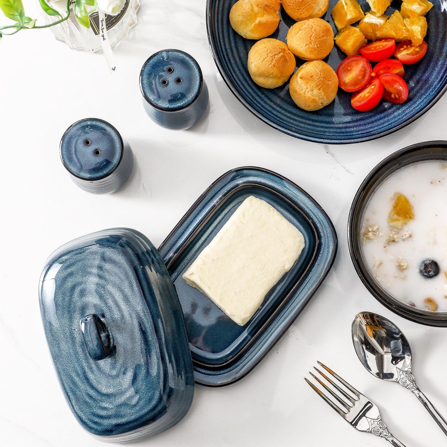 Hasense Ceramic Salt Pepper Shakers and Butter Dish Set, 2 Pieces Navy Reactive Glaze Dinnerware Accessories Set Perfect for Home Decor, Kitchen Housewarming Gift