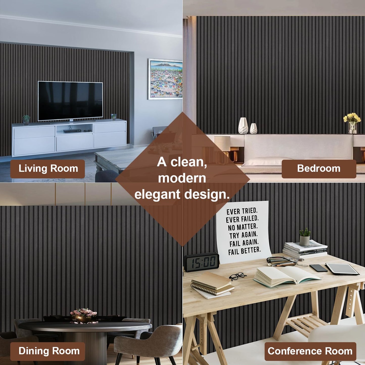Yuzzy Wood Panels for Wall and Ceiling - 108 x 11 Inch Wood Slat Acoustic Panels 4 PCS - Modern Sound Absorbing Wall Panels for Interior Wall Decor for Home, Office, Studio - Rustic Black Oak