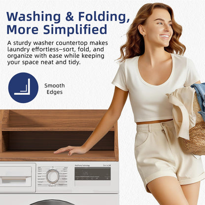 Memobarco 2 Tiers Washer Dryer Countertop, 54" Width x 27.5" Depth Laundry Countertop Organization, Wooden Washer and Dryer Topper for Folding, Sorting & Ironing, Easy to Install, Walnut