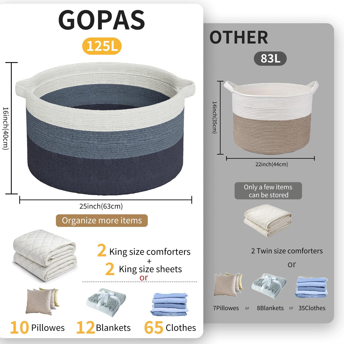 GOPAS 125L Extra Large Blanket Basket, 25" x 16", Jumbo Laundry Woven Basket Decorative Home, Cotton Rope Basket with Handles, Baby Toy Basket for Storage, Gradual blue