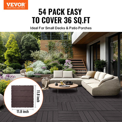 VEVOR 54 sq. ft Plastic Interlocking Deck Tiles, 54 Pack,12"x12" Waterproof Non-Slip Outdoor Flooring All Weather Use, Patio Floor Decking Tiles for Porch Poolside Balcony Backyard, Dark Brown