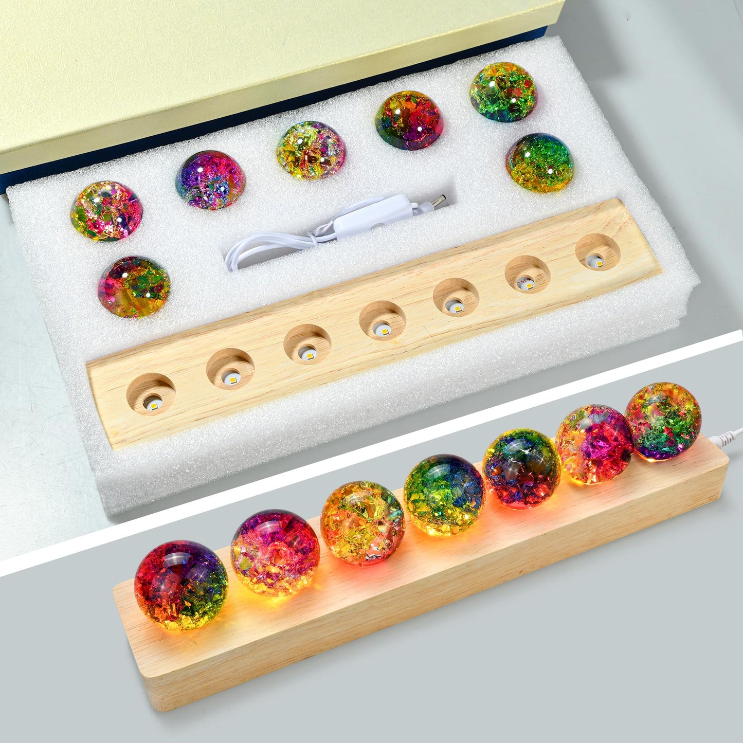7 Chakra Crackle Crystal Ball with LED Wooden Stand, 1.6" Healing Spheres for Spiritual Decor Reiki Energy Balance, 3D Crystal Ball Night Light Gifts for Women