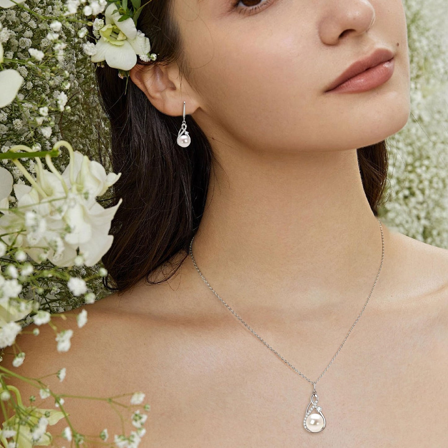 DENGGUANG Sterling Silver Pearl Jewelry Set with Moissanite, Real Freshwater Pearl Earrings Necklaces for Women, Wedding Jewelry for Brides Bridesmaid, Mother's Day