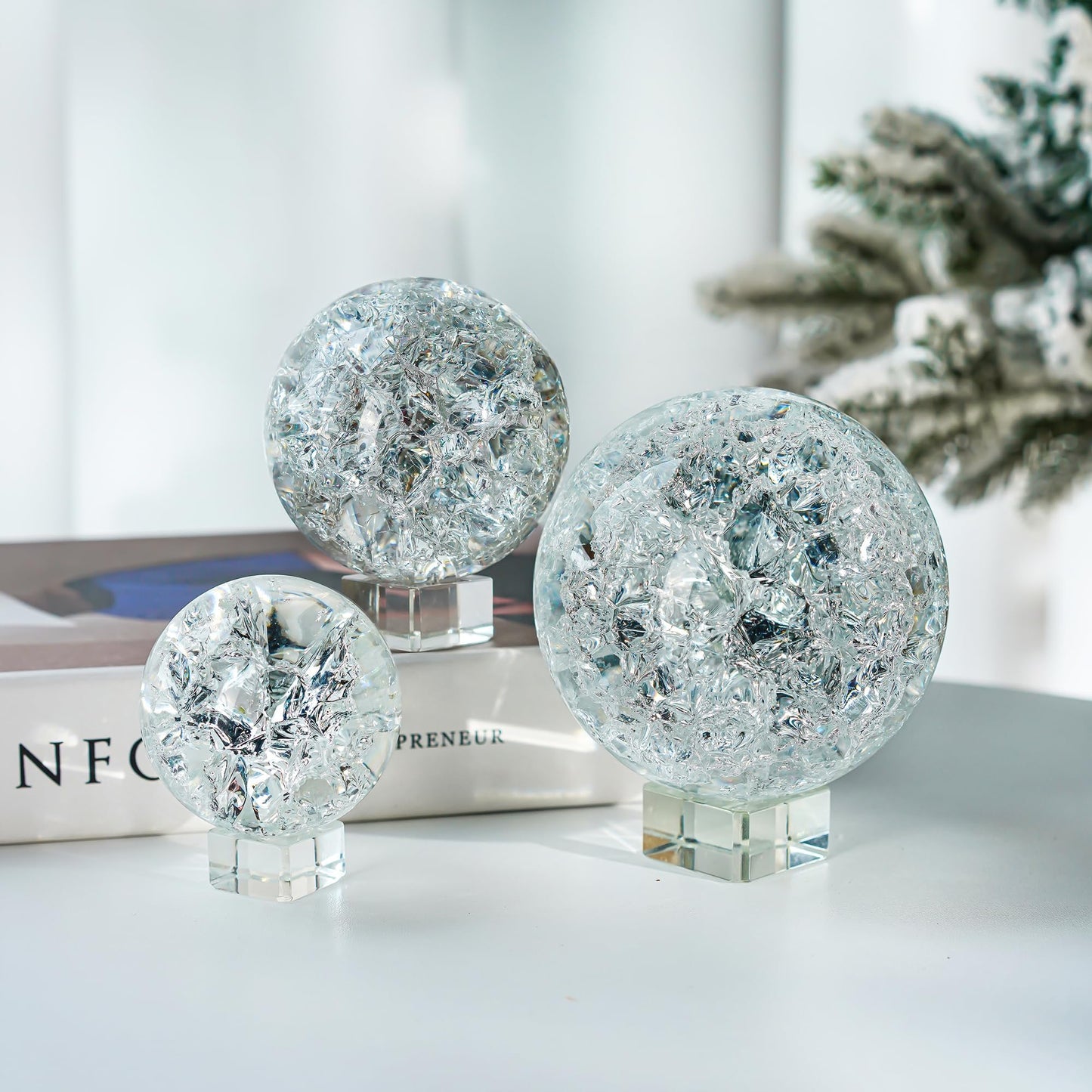 ZEERSHEE 3pcs Clear Ice Crack Glass Orb Set with Display Stands, 2.4"/3.1"/3.9" Decorative Art Spheres for Home Decor, Office Desk Accent, Bookshelf Styling and Gift Giving