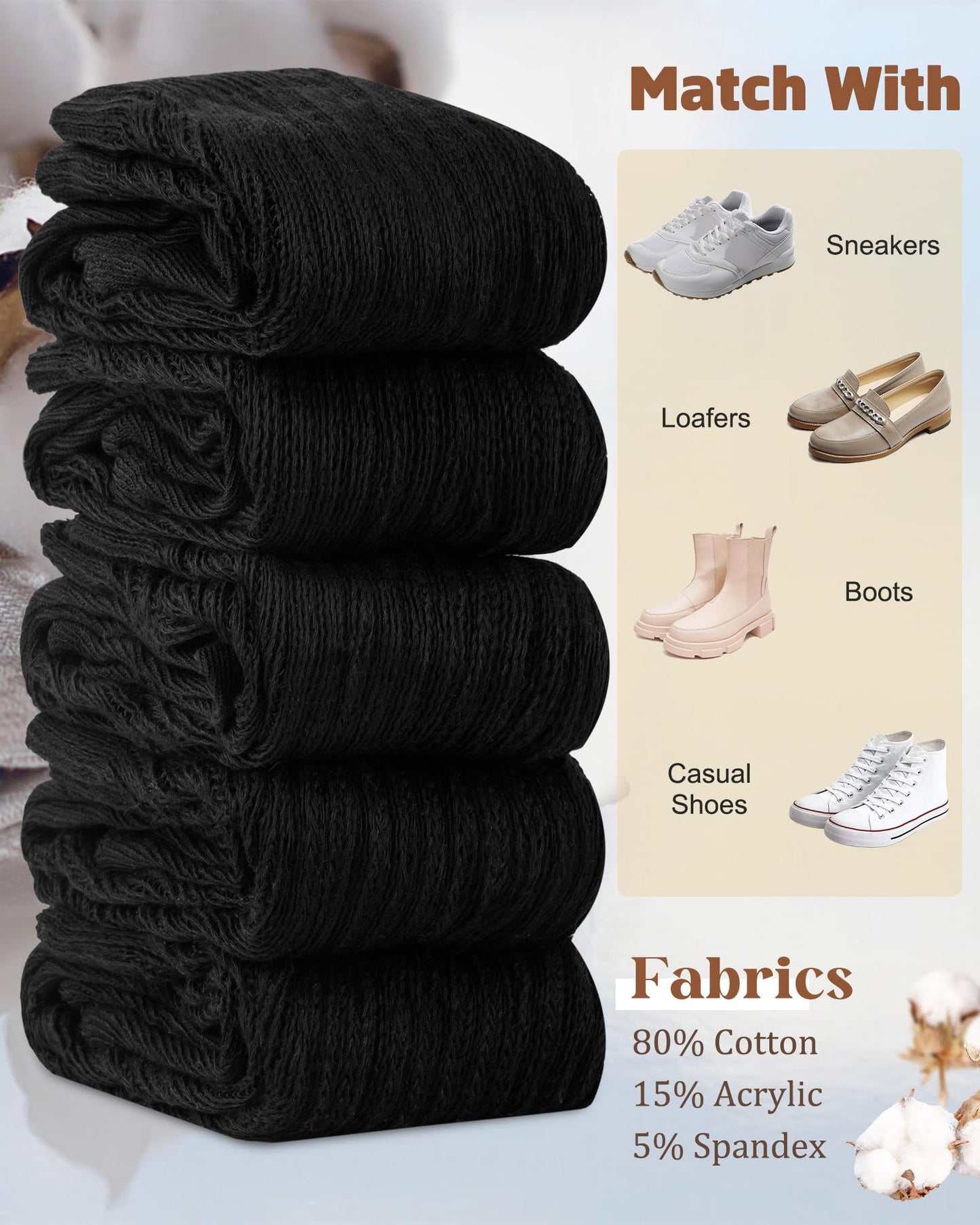 Ludaro 5 Pairs Slouchy Socks for Women, Soft Cotton Long Scrunch Tube Stockings for Women Girls, Casual Crew Boot Thigh High Thick Knit Slouch Socks for Winter
