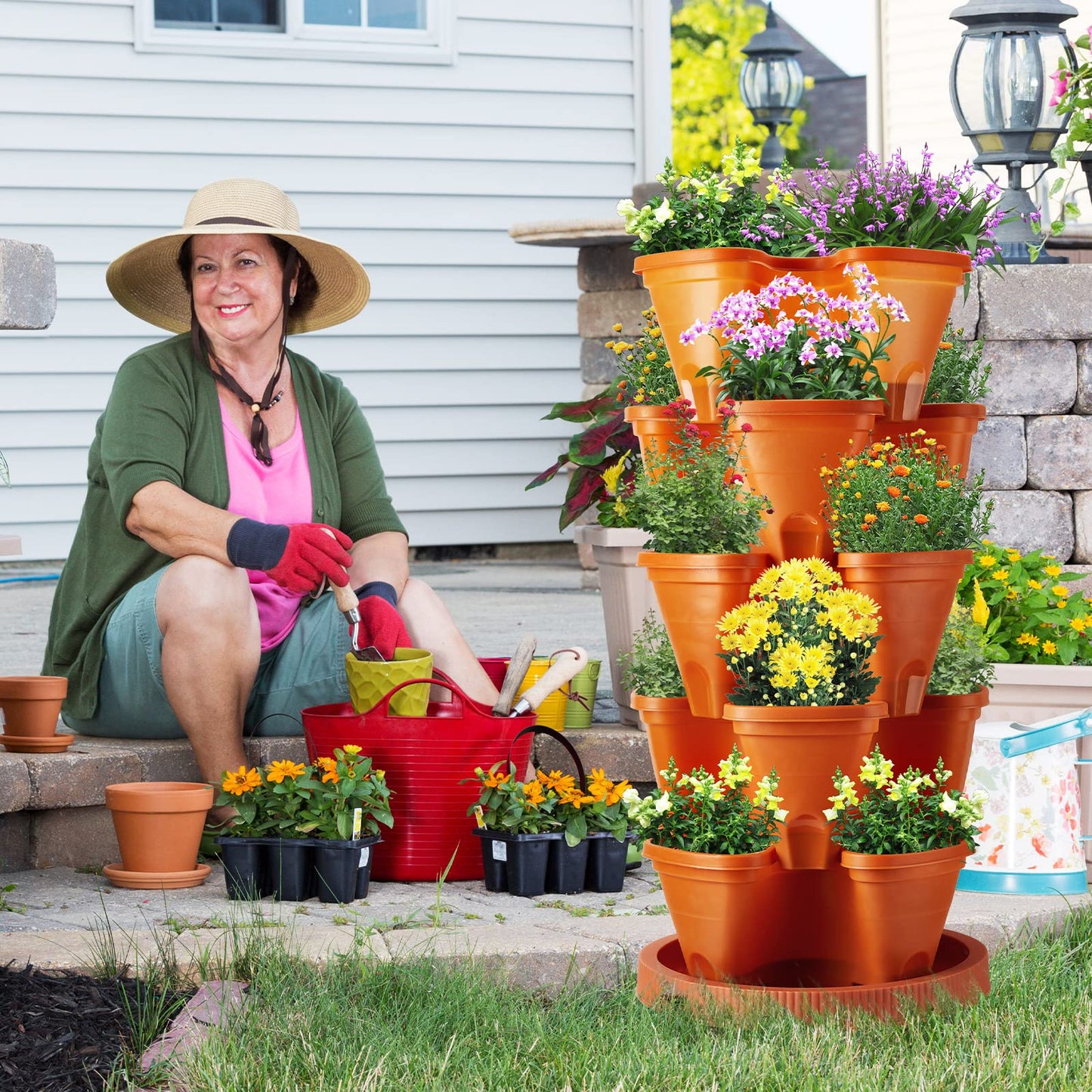 Umigy 2 Set 5 Tier Stackable Planters Vertical Garden Planters for Strawberry Herb Flower and Vegetable Indoor Outdoor Gardening Pots with Removable Wheels and Bottom(Terracotta)