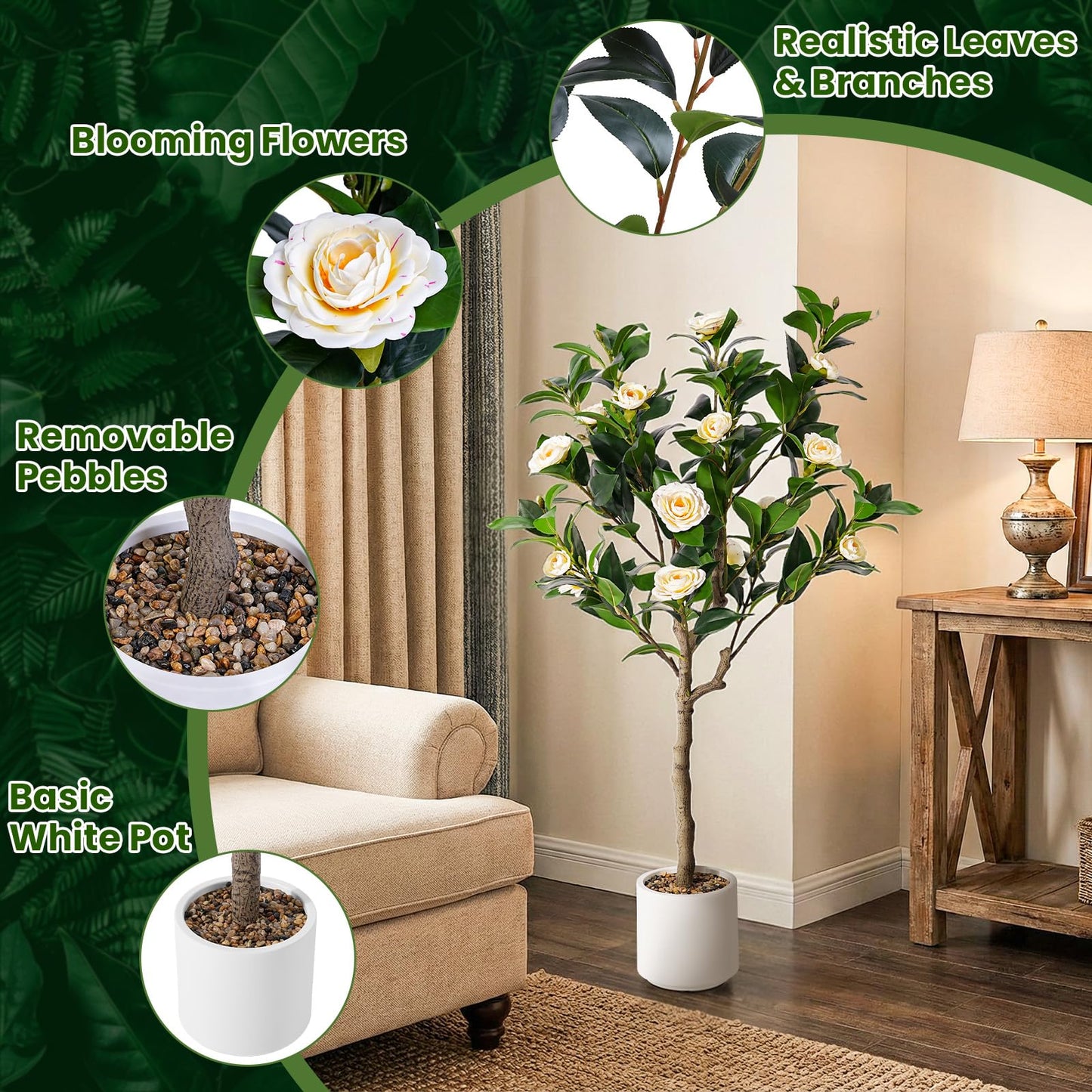 Jocoevol 4FT Artificial Camellia Tree 2 Pack, Fake Floral Plant with Realistic Trunk, Leaves, Flowers & Planter, Flower Artificial Tree, Artificial Flower for Front Porch Decor & Housewarming Gift