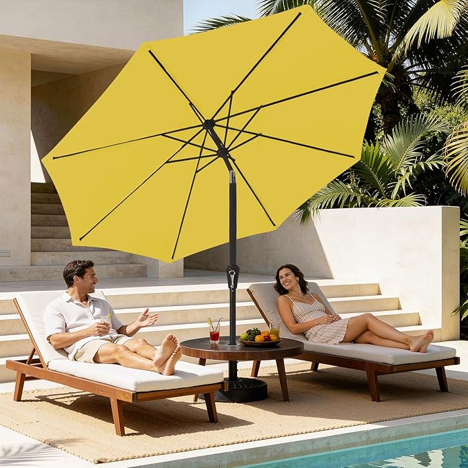 MEWAY 9ft Patio Umbrella Outdoor Table Umbrellas with Push Button Tilt and Crank, Market Umbrella 8 Sturdy Ribs for Deck, Garden, Pool and Backyard, Yellow