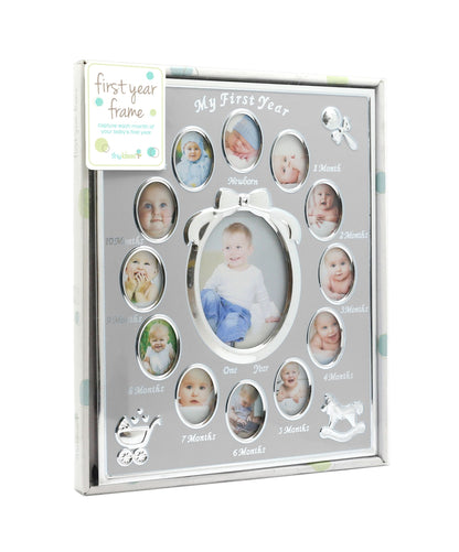 Tiny Ideas Baby’s My First Year Picture Frame, Monthly Milestone Photo Collage, 12 Month Baby Keepsake, Nursery Wall Decor and Baby Gift, Silver