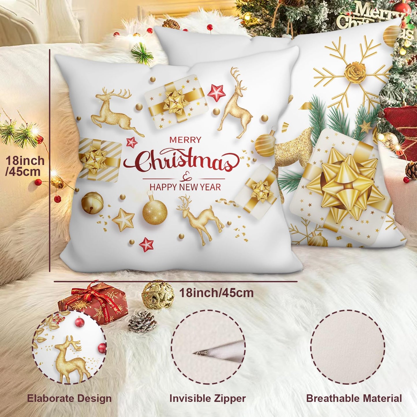 WSZBDY Christmas Throw Pillow Covers White Gold Snowflake Reindeer Christmas Decorations 18X18 inch Set of 4 Winter Christmas Indoor Home Holiday Ornaments Short Push Cushion for Sofa Tree