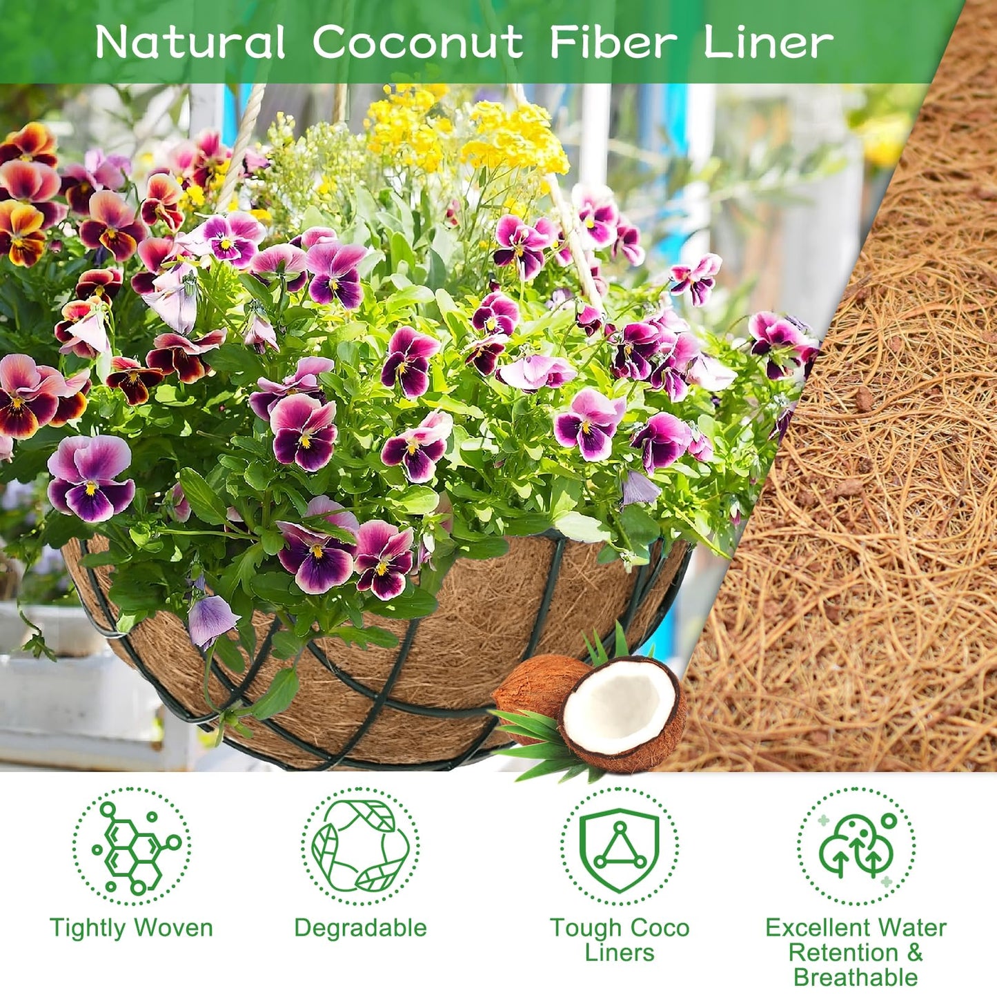 Riare 4 Pack 14 Inch Round Coco Liners Replacement, 100% Natural Coconut Coir Liners for Hanging Baskets, Garden Flower Vegetables Planter Pot, Window Box, Fence, Decks