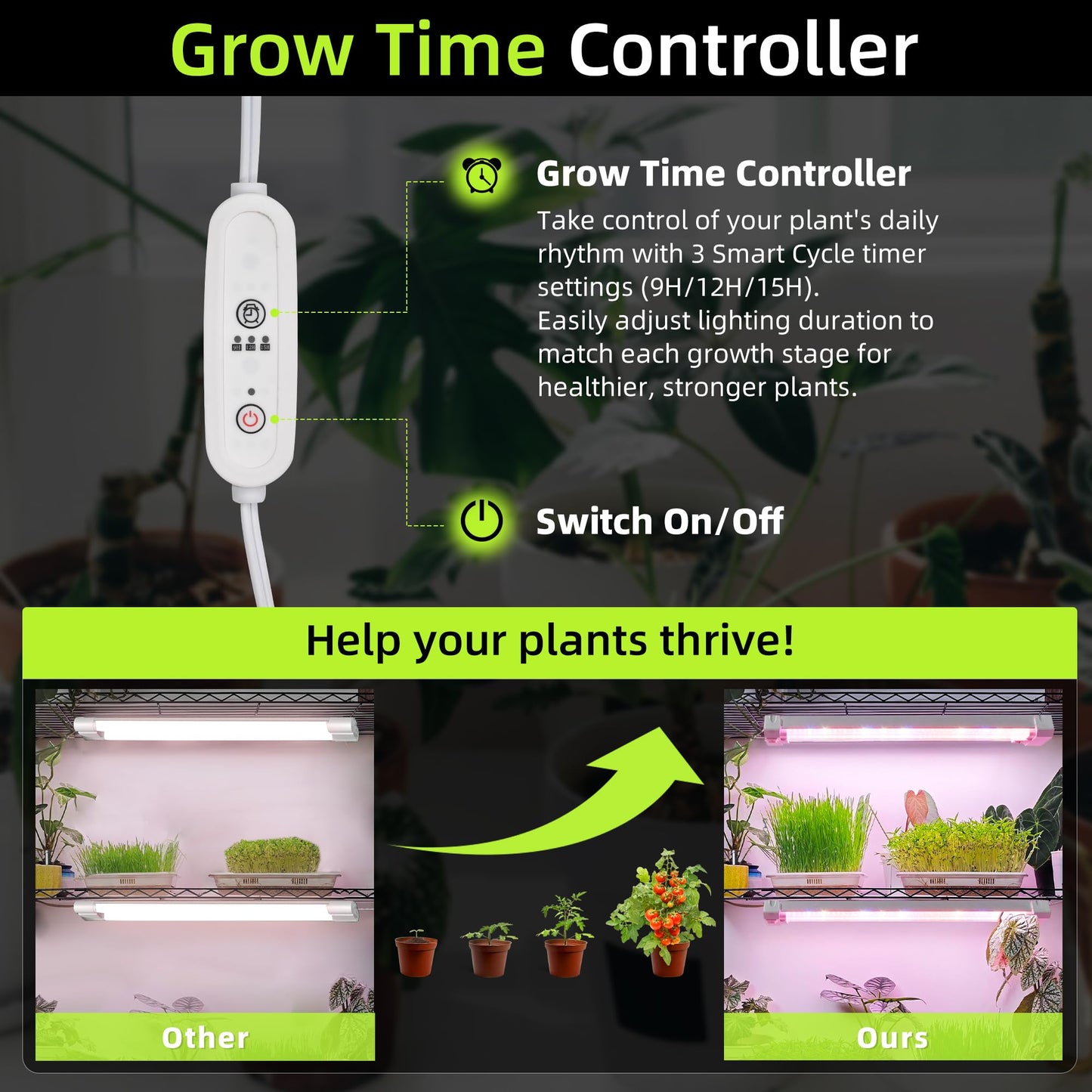 Hlite 16inch Adjustable Full Spectrum Plant Growing Lamps- Linkable Grow Lights for Indoor Plants Plug and Hanging Design with On/Off Switch Timer Hanging Grow Light from Seedling to Flowering，White