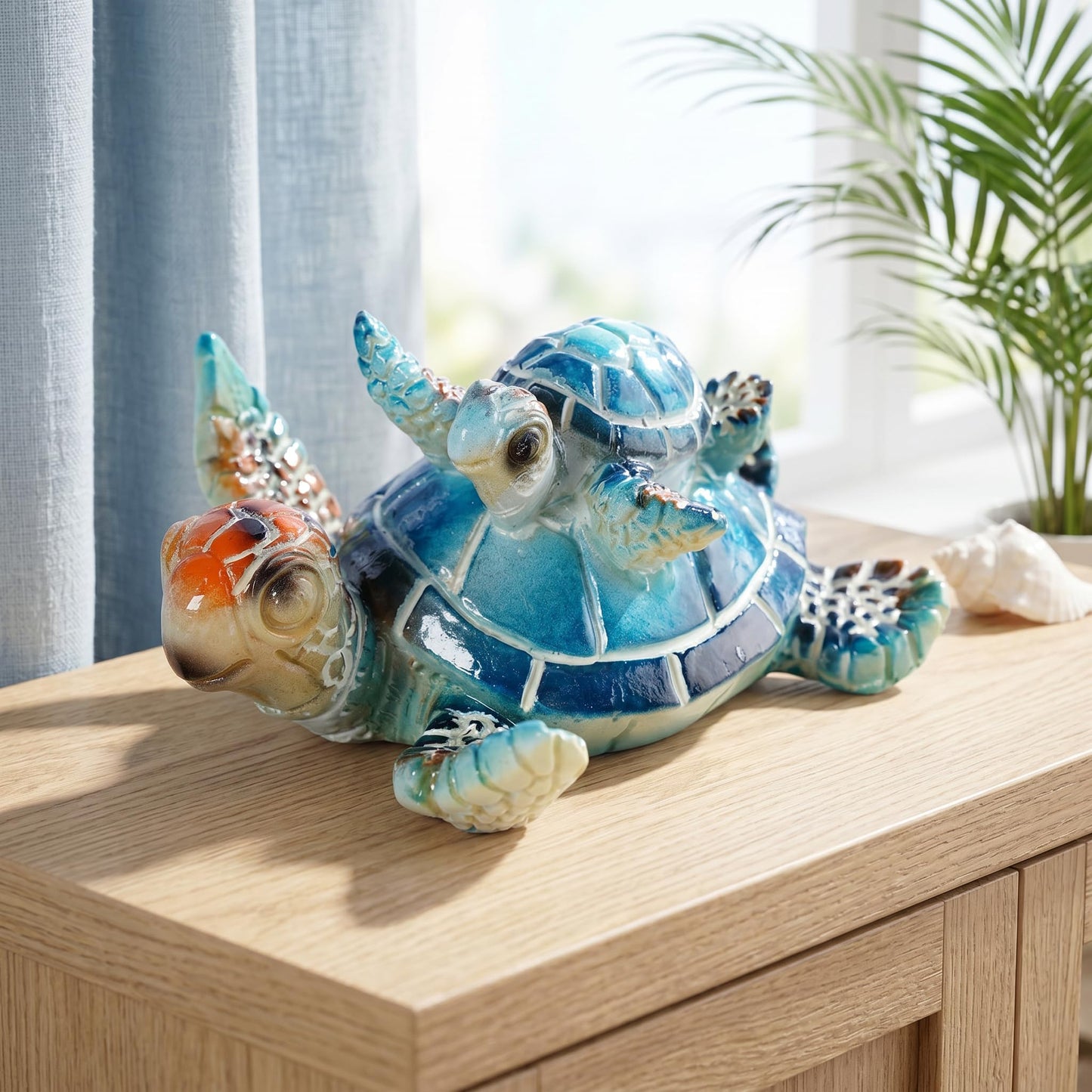 Brizoria Sea Turtle Ocean Decor Coastal Resin Figurines Blue Beach Themed Room Decor Textured Shell and Flippers for Shelf Tabletop Bathroom Bedroom Office, Blue