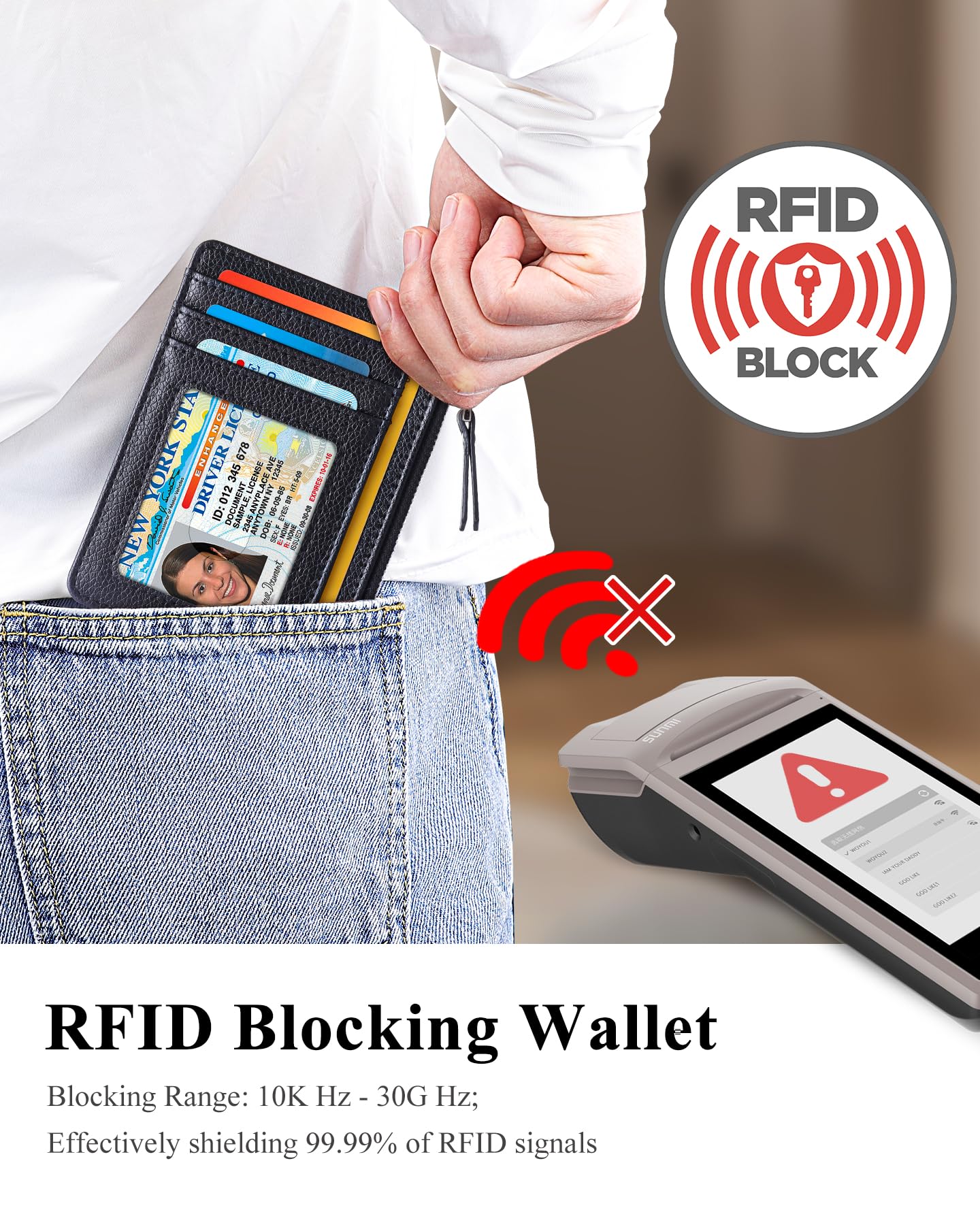 Teskyer Slim Card Holder Wallet with Zip Pocket, RFID Blocking, Total 9 Compartments Large Capacity, 3.5" x 4.7" (Slight Larger Than Usual), Faux Leather - Black