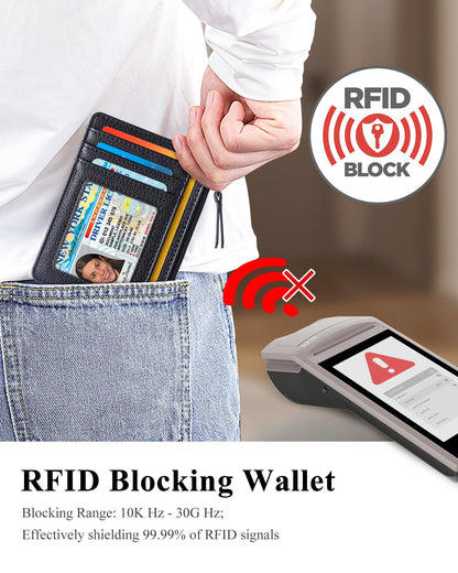 Teskyer Slim Card Holder Wallet with Zip Pocket, RFID Blocking, Total 9 Compartments Large Capacity, 3.5" x 4.7" (Slight Larger Than Usual), Faux Leather - Black