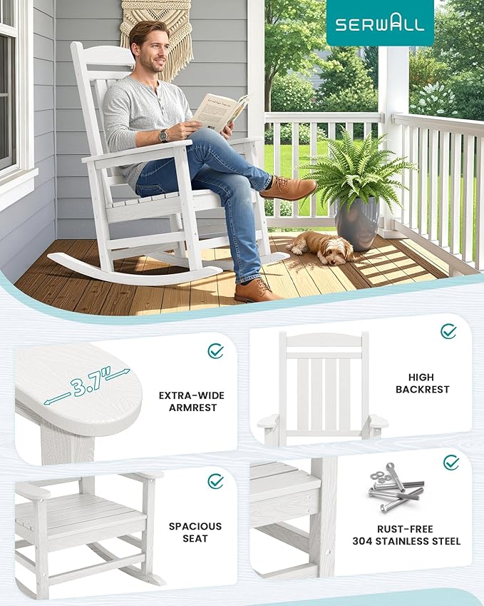 SERWALL Outdoor Rocking Chairs Set of 2, Oversized HDPE Porch Rockers for Adults, All-Weather Composite Patio Rocking Chairs, White