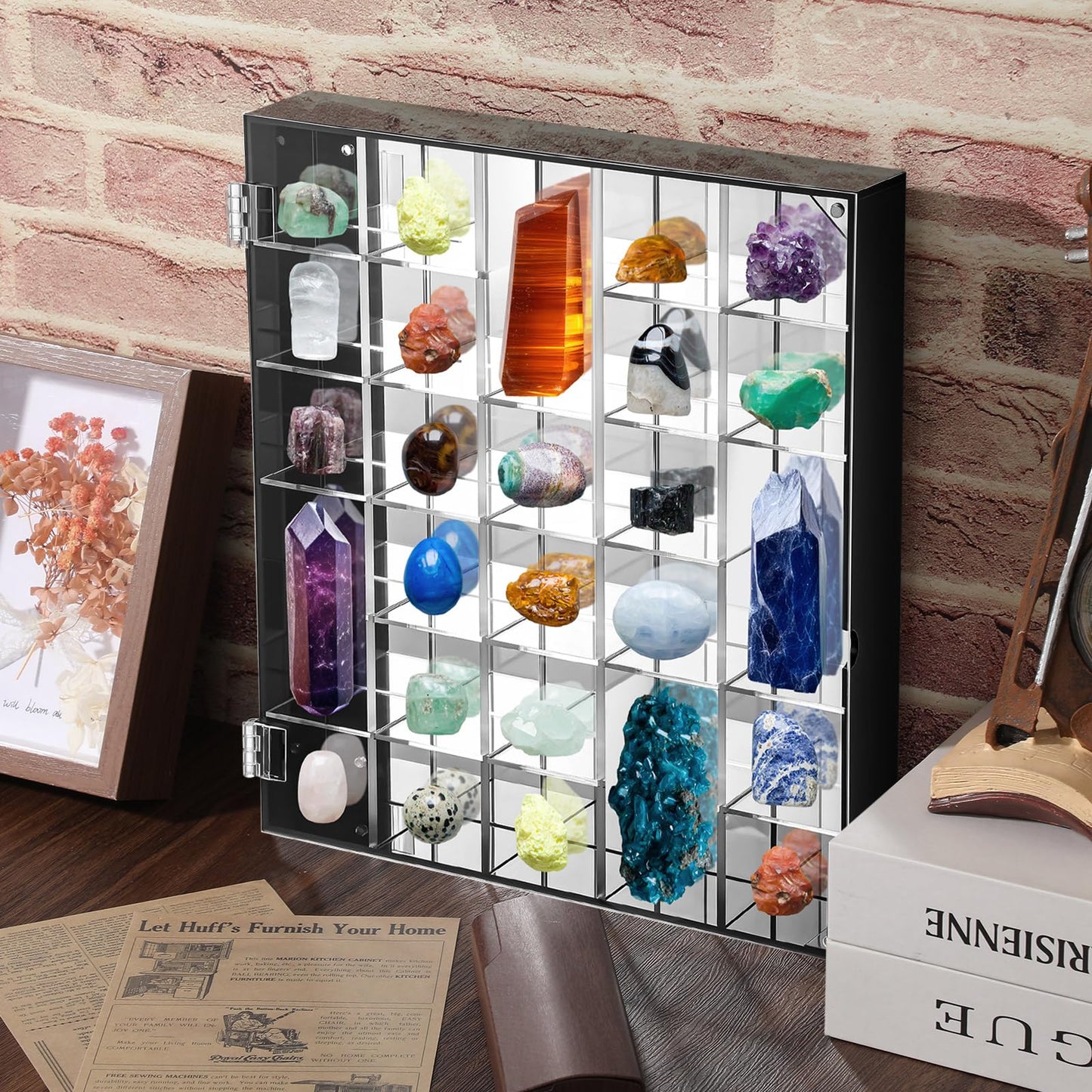 Cinnvoice Rock Display Case Adjustable 30 Grids Acrylic Display Case with Mirrored Crystal Organizer for Collectible, Crystal, Stones, Wall Mountable, Magnetic Door (Black Border, Square)