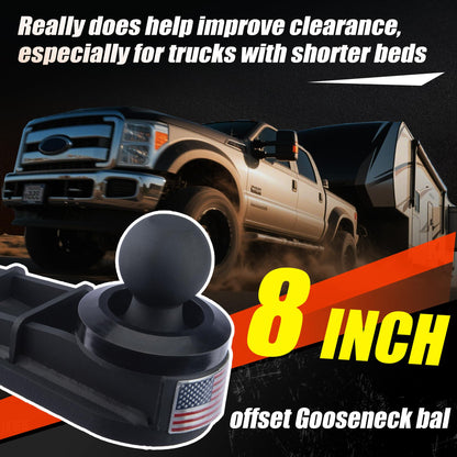FlexHitch 8" Offset Gooseneck Hitch Extender, Square Base Gooseneck Ball, Heavy Duty Reinforcing Ribs Structure, More Safe Way to Tow a Gooseneck Trailer, 4PCS Anti-tilt PU Washer Included