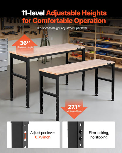 VEVOR Adjustable Workbench, 2000 lbs Capacity, 61 x 20-inch Heavy Duty Work Bench with 27.1-36 Inches Height Adjustment, Garage Workbench with Power Outlets, Suitable for Office, Garage, Workshop